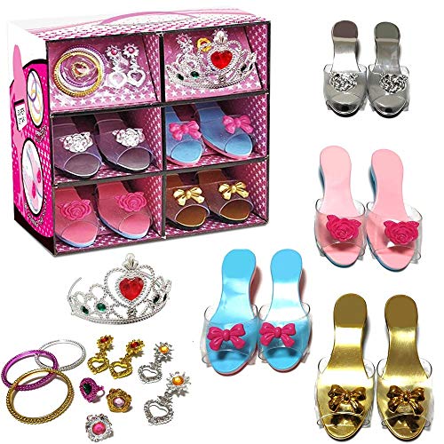 BAKAJI Playset Bauty Principessa con 4 Paia di Scarpe con Tacchetto Bracciali Anelli Orecchini Gioielli Corona e Custodia Scarpiera Portagioie Giocattolo Bambina