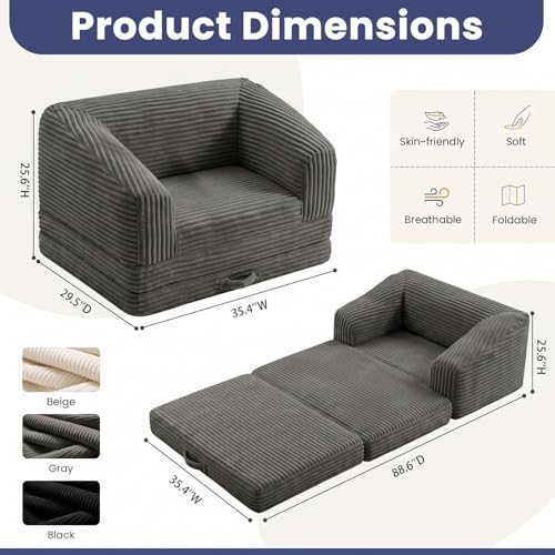 Image of JUIKURY Convertible Sofa Bed, 3-in-1 Foldable Loveseat Couch with Armrest, Corduroy Floor Sofa & Sleeper Bed, No Assembly High-Density Foam Futon Mattress for Living Room, Small Apartment, Dorm