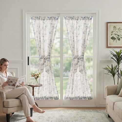Image of jinchan Floral French Door Curtain Panel Farmhouse Decor Light Filtering Linen with Tie Up Bow for Glass Door or Patio 72 Inch Length Rod Pocket 1 Panel Blue on Linen