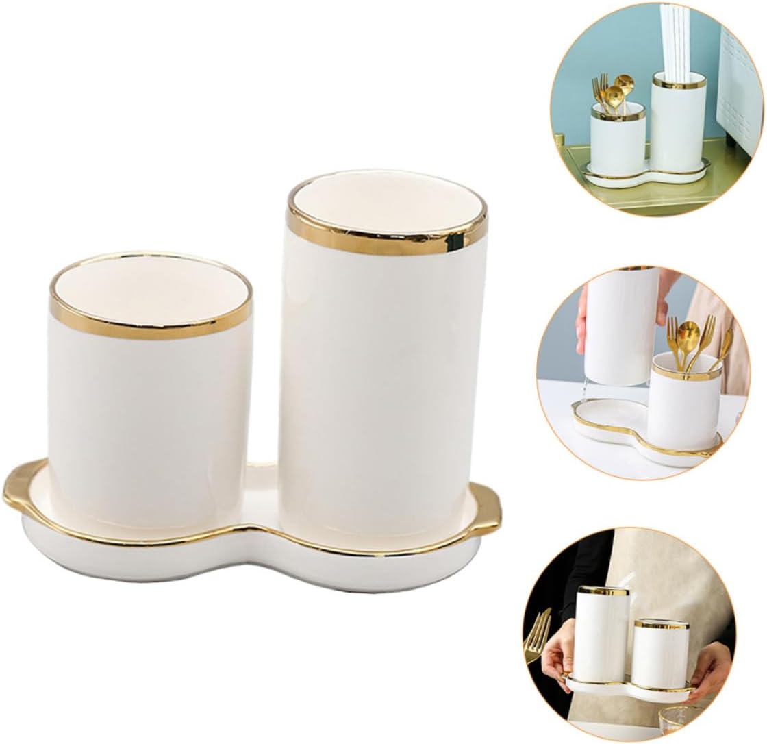 Ceramic Chopsticks Holder Draining Rack – White Scandinavian Style 2-Compartment Cutlery Organizer for Kitchen Utensils Storage