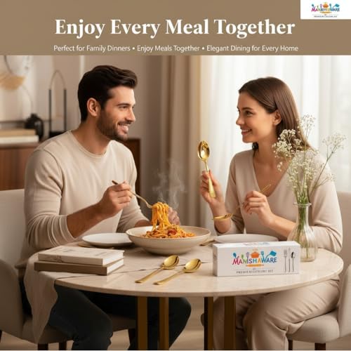 Image of Classic Gold 20 Pcs Stainless Steel Cutlery Set for Dining Table, Dishwasher Safe Glossy Flatware (Perfect Spoon Fork Set)