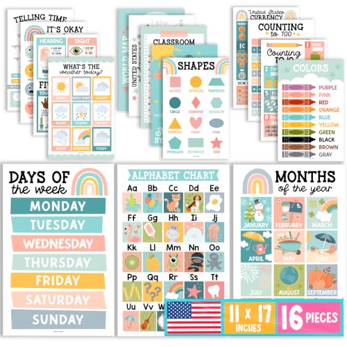 Image of Hadley Designs 16 Educational Posters for Classroom Decor - Boho Educational Posters for Toddlers 1-3, Toddler Learning Posters for Kids Ages 3-5, Kindergarten & Preschool Classroom Must Haves