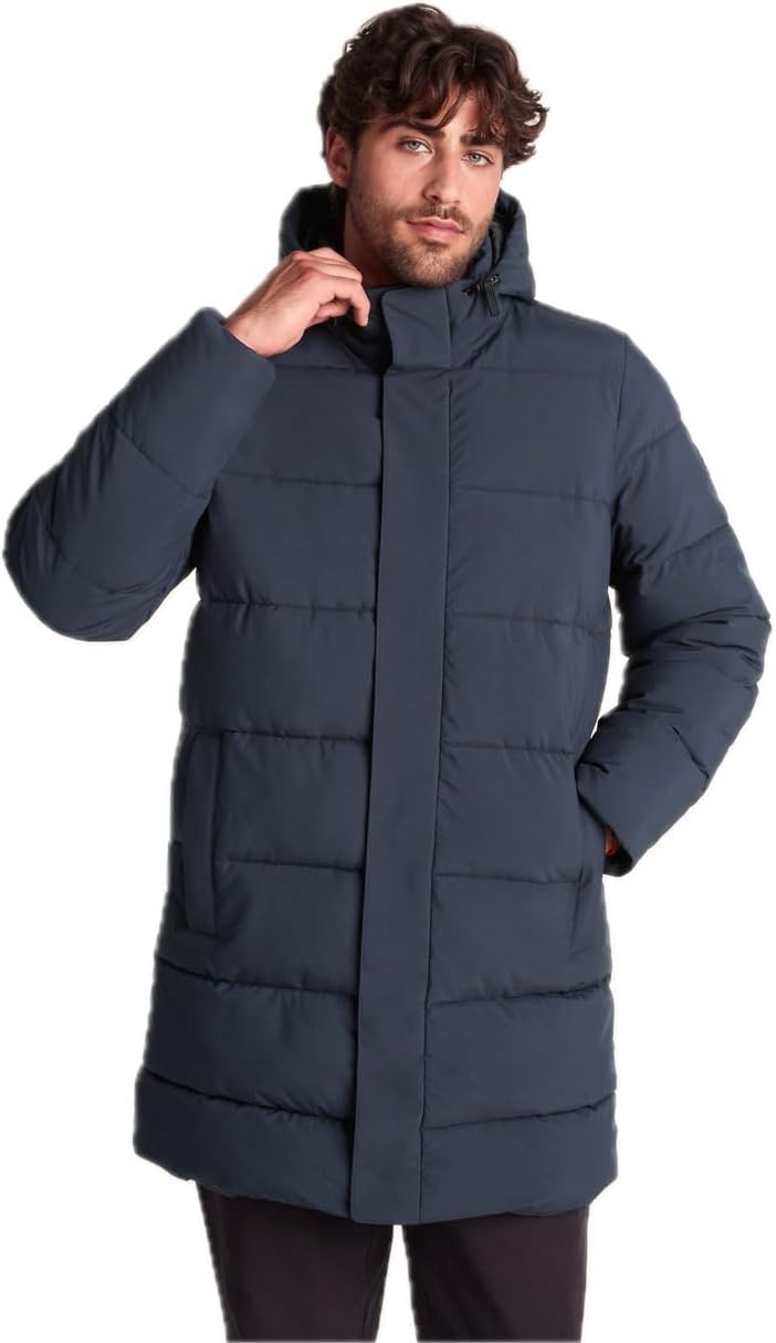 – Preece Men's Longline Quilted Winter Coat Windproof Insulated Hooded Padded Jacket Warm Thigh-Length Rain Resistant Coat for Men