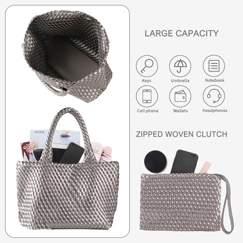 Image of Woven Tote Bag for Women Vegan Leather Handwoven Bags with Small Purse
