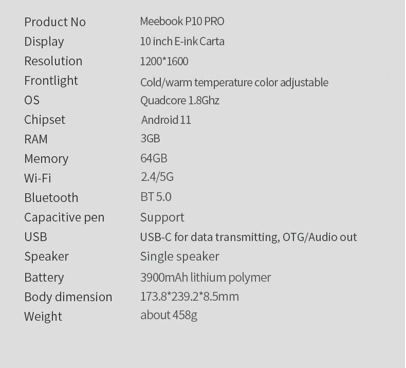 Image of Meebook P10 Pro, 10.1 inch eBook reader + Eink Carta screen (1200 * 1600) + Quad-core 1.8GHz + 3GB RAM + 64GB Storage, Android 11, Google Play 【Free Original Leather Case + Pen Not Included】