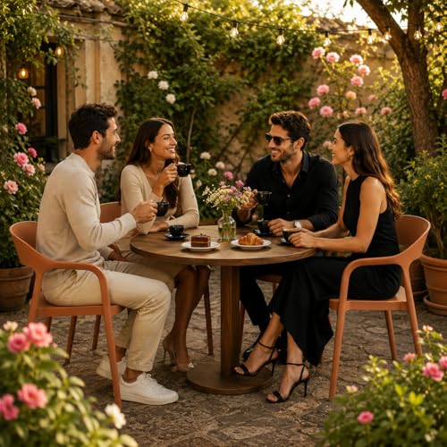 Image of Rattan Style Outdoor Chair | Set of 4 Brown Plastic Arm Chair for Garden, Balcony, Patio & Cafe | Lightweight Weather Resistant Seating | 3 Year Manufacturing Warranty