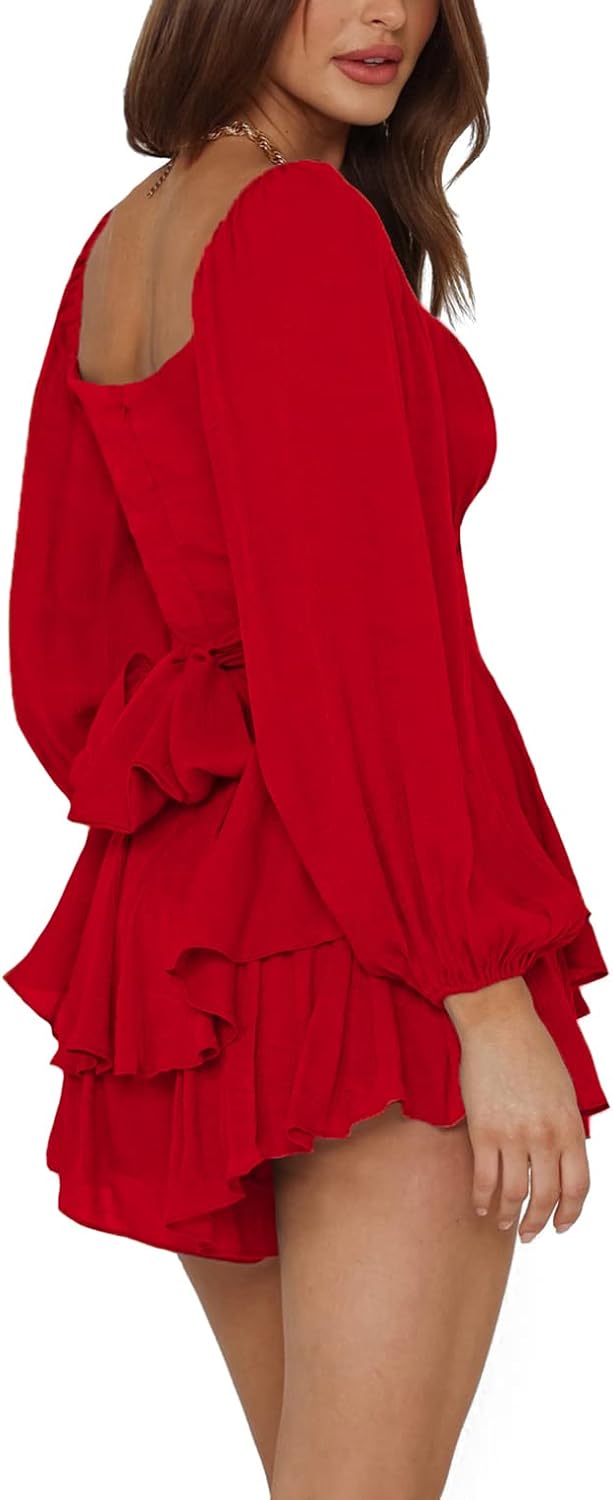 LYANER Women's Jumpsuit Lantern Long Sleeve Ruffle Layer Tie Mini Short Romper - Image 3