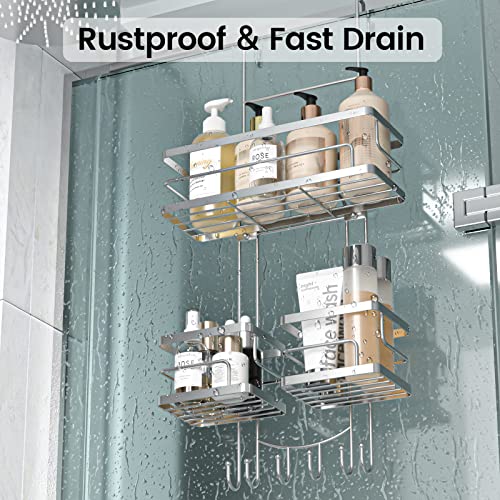 Auslar Shower Caddy Hanging Over The Door, Sturdy Rustproof Bathroom Hanging Shower Organizer, Razors Towels Shampoo Shower Shelf With Hooks For Dorm, Toilet And Bath, Silver #TOP4
