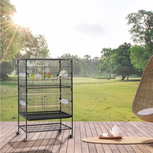 Abician Voliere Oiseaux Interieur sur Pied Grand Cage Oiseaux sur roulettes en Métal Cage à Oiseaux pour Perroquet Perruches 79 x 52 x 132 cm