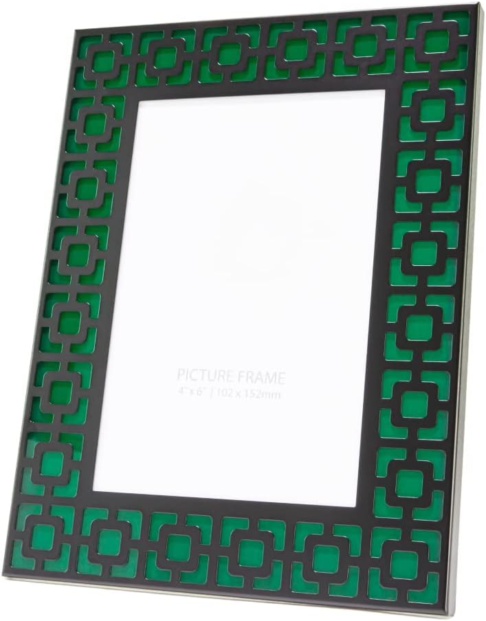 Happy HomewaresModern Matt Black Metal and Emerald Green Glass 4x6 Freestanding Picture Frame with Grid Border Design| Portrait or Landscape
