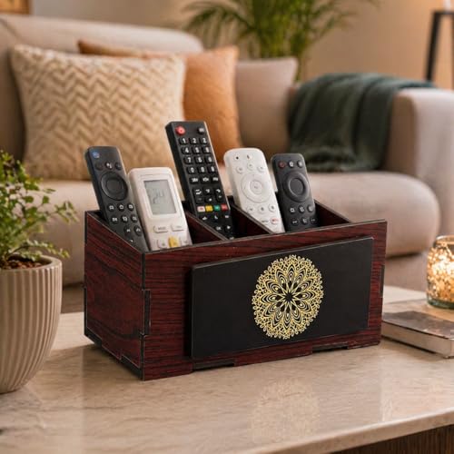 Image of Zesta Wooden Desk Organizer Pen Stand Remote Holder Card Slot | Table Accessory Office Desk Study Room | Pencil Storage Stand Stylish Workspace Decor (Pen Holder with Mandala Print)