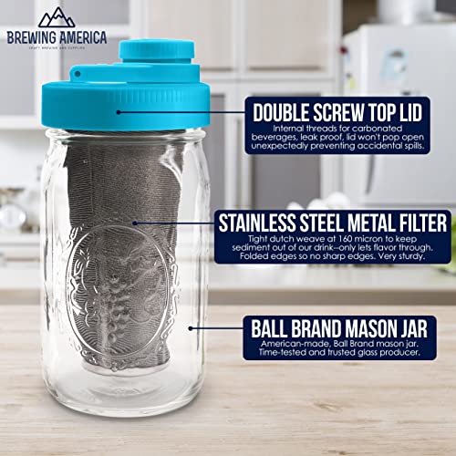 Brewing America Cafeteira Mason Jar Cold Brew: Frasco de vidro de boca larga com tampa de rosquear,