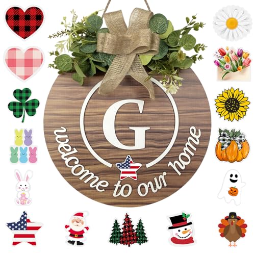 Interchangeable Seasonal Monogram Letter G Welcome Sign Front Door Decor Wooden Wreaths for Front Door Wreath Rustic Initial House Warming Porch Wall Home Decorations for All Seasons
