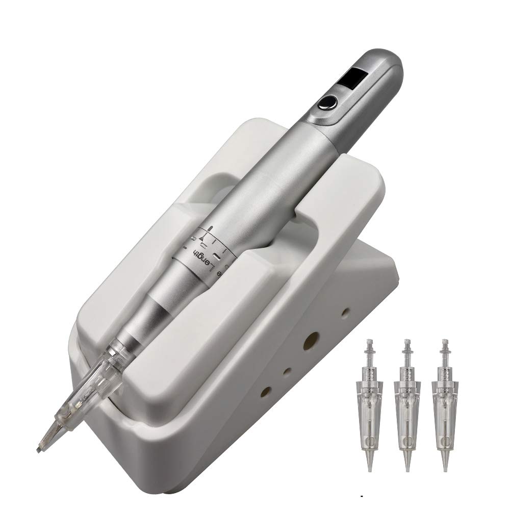 Digital Professional Permanent Makeup Tattoo Pen 7 Levels Speed Tattoo Gun Permanent Eyebrows lips Pen with 50pcs Bayonet Cartridge Needles (Silver)