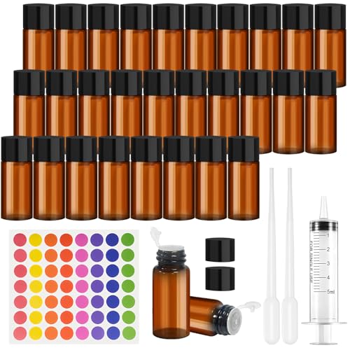 Maxumille 30 Piezas 10ml Botellas de Aceite Esencial Vacías de Vidrio Marrón, Mini Botellas de Cristal Ámbar con Tapa, Pequeños Recipientes de Aceites Esenciales para Aceite Perfumes Aromaterapia