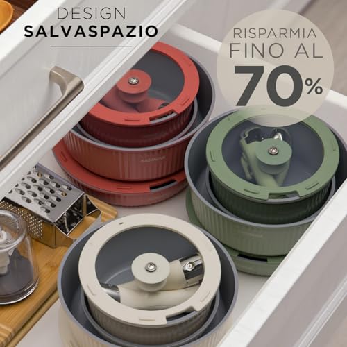 KASANOVA Batteria pentole 9 pezzi Eaziclip, Set pentole induzione con rivestimento ceramico e manici staccabili per uso in forno, Batteria antiaderente con coperchi (Verde) - immagine 6