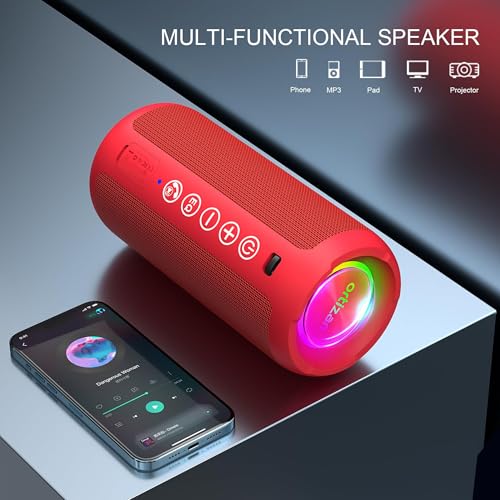 Image of Ortizan Portable Bluetooth Speaker: IPX7 Waterproof, 24W Loud Sound, Deep Bass, Bluetooth 5.3, LED Lights, Wireless Stereo Pairing, 30H Playtime, for Home /Outdoor /Party /Beach, Birthday Gift (Red)