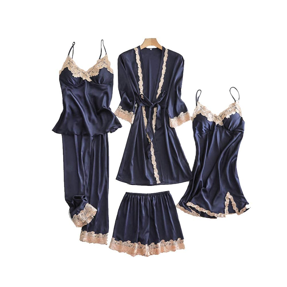 CFWSHJ Pyjama-Set für Damen/Mädchen/Damen, sexy Seide, Nachtwäsche, Robe, Kleid, 5-teilig, Nachtwäsche, Spitze, Nachthemd, Pyjama mit Hosen, Dm (d M)