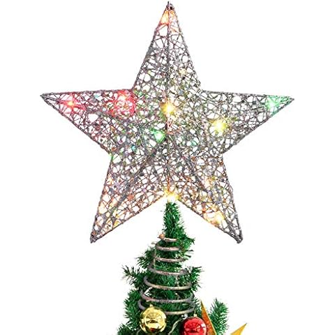 Christmas Tree Star Topper - Lighted Christmas Tree Topper Silver Glitter Tree Top Decorative Metal Star Christmas Decoration Tree Ornament Xmas Holiday Party Decor - Silver Cover