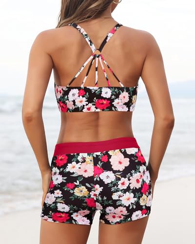 Image of Aqua Eve 3 Piece Tankini Swimsuit for Women Tank Bathing Suit with Shorts Open Back Athletic Swimwear