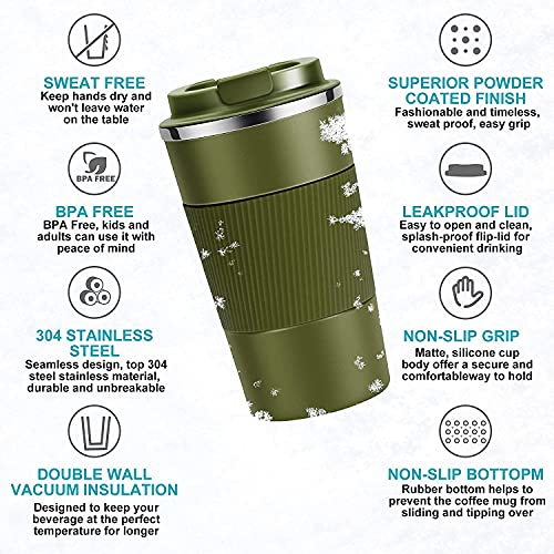 Image of YELONA Dark Green 510 ML Insulated Stainless Steel Coffee Tea Tumbler for Hot Cold Beverages Portable Travel Mug Leak Proof Sipper Lock Lid Thermos Multipurpose for Home Office Gifts