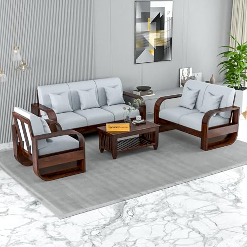 Image of NEW MAMTA FURNITURE Solid Sheesham Wooden 6 Seater Sofa Set with Coffee Table with Grey Cushion for Living Room Furniture - Walnut Finish (3+2+1)
