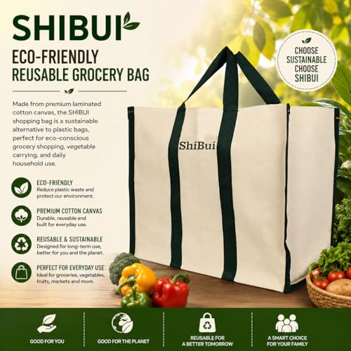 Image of SHIBUI Canvas Grocery Shopping Bag - Large Reusable Tote (17x8.5x14 inch) with Reinforced Handles & Bottom Insert - Heavy Duty, Foldable, Washable, Jhola Bag for Vegetables & Fruits.