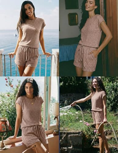 Ekouaer Rompers for Women Summer Casual Cap Sleeve Crewneck Short Pants Jumpsuit Beach Vacation Outfit with Pockets Brown S — view 4