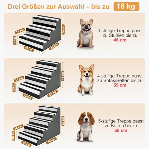 Pawk Hundetreppe Haustiertreppe, fürs mit abnehmbarem Bezug, 3 Stufen hochdichtem Schaumstoff für kleine Hunde und Katzen, rutschfeste Hunderampe mit Reißverschlussfunktion, 45 x 45 x 34 cm