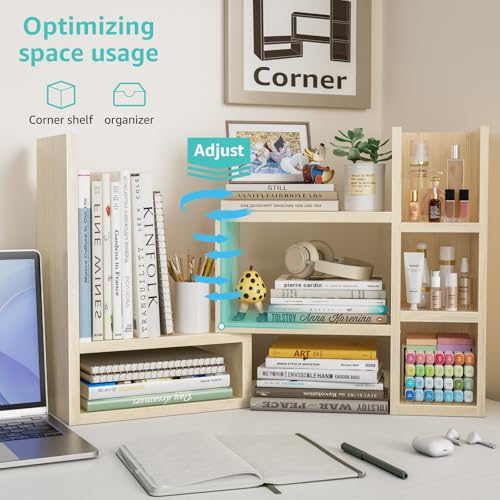 Image of NUTIKAS Desk Shelves Desktop Organizer Shlef - Natural Wood Tone Office Organization for Top of Desk Organizers and Accessories Corner Bookshelf Table Top Shelving Small Hutch Decorations for Office