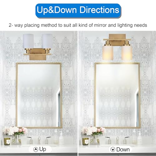 Image of MELUCEE Bathroom Light Fixtures Brushed Brass, 2-Light Bathroom Vanity Light with Milky White Glass Shades E26 Sockets, Bathroom Lights Over Mirror Wall Lights for Bedroom Hallway Living Room