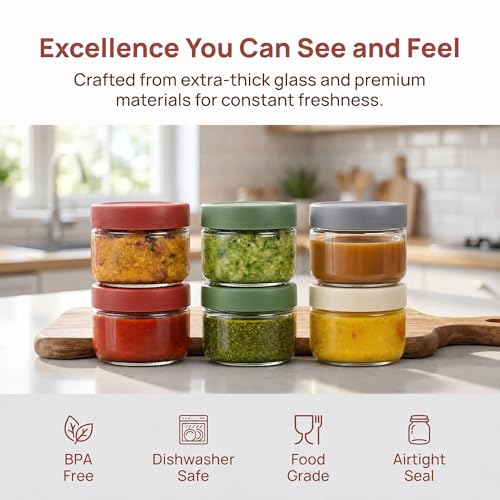 Image of EONJOE 2 oz Glass Dressing Containers With Lids, Sauce Jars for Lunch, 6pk | Airtight ,BPA Free,Perfect for salad dressing sauce dip condiment to go lunch box Accessories , Dishwansher safe