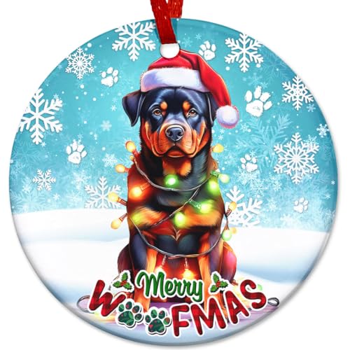 Sportyzen Cute Rottweiler Dog Ceramic Ornament - Santa Hat Christmas Decoration, for Dog Lovers, Family, Friends