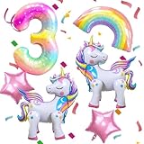 6PCS Self Standing Unicorn Balloons, Unicorn Balloon, Large Rainbow Balloon, Colorful Number 3 and Star Balloons for Girl 3rd Birthday Party Decorations Supplies.(3rd)
