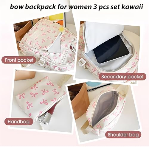 Bow Backpack For Women Coquette Aesthetic Nylon Rucksack, 3 Pcs Cute Kawaii Backpack Set, 2025 New Bow Backpack Bags Set(red)4
