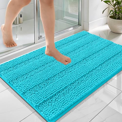Image of OLANLY Thick Bathroom Rugs 36x24, Extra Soft Absorbent Chenille Striped Bath Rugs, Rubber Backing, Machine Wash Dry, Bath Mats for Bathroom Floor, Tub and Shower, Home Decor Accessories, Aqua Sky