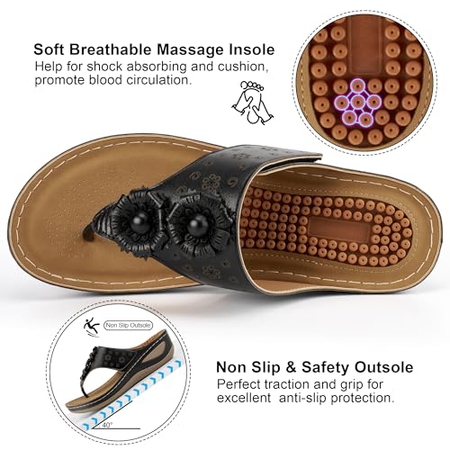 Image of Ecetana Womens Wedge Flip Flops: Orthopedic Cushion Non Slip Sandals - Comfortable Walking for All Day - Stylish Flower Adjustable Thong Sandals for Summer Casual Outing