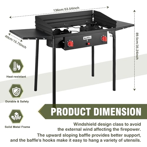 Image of Bestfire 150,000 BTU 2 Burner Propane Camping Stove with Auto Ignition, Windpanel, Portable Outdoor Gas Cooker with Removable Legs, Side Shelves for Camping, BBQ