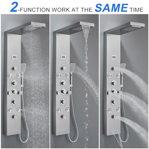 POPFLY LED Rainfall Waterfall Shower Panel Tower System, 4 Body Jets and 4 Mist Spray, 3-Function Handheld Shower, 304 Stainless Steel Shower Tower with Temp Display, Brushed by POPFLY - Image 4