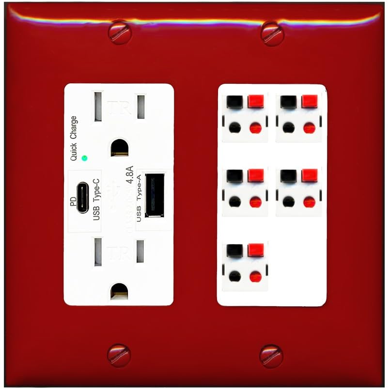 RiteAV 5 Port Speaker Wire Plug Jack Wall Plate - USB A+C Outlet [Red/White]