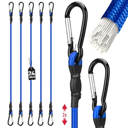 5-Piece 24 Inch Bungee Cords with Carabiner Hooks Heavy Duty Rubber Elastic Tie Down Straps Bungee Cord with Carabiner Clips for Cargo Truck Bed Camping Motorcycle and Outdoor Use (Blue)