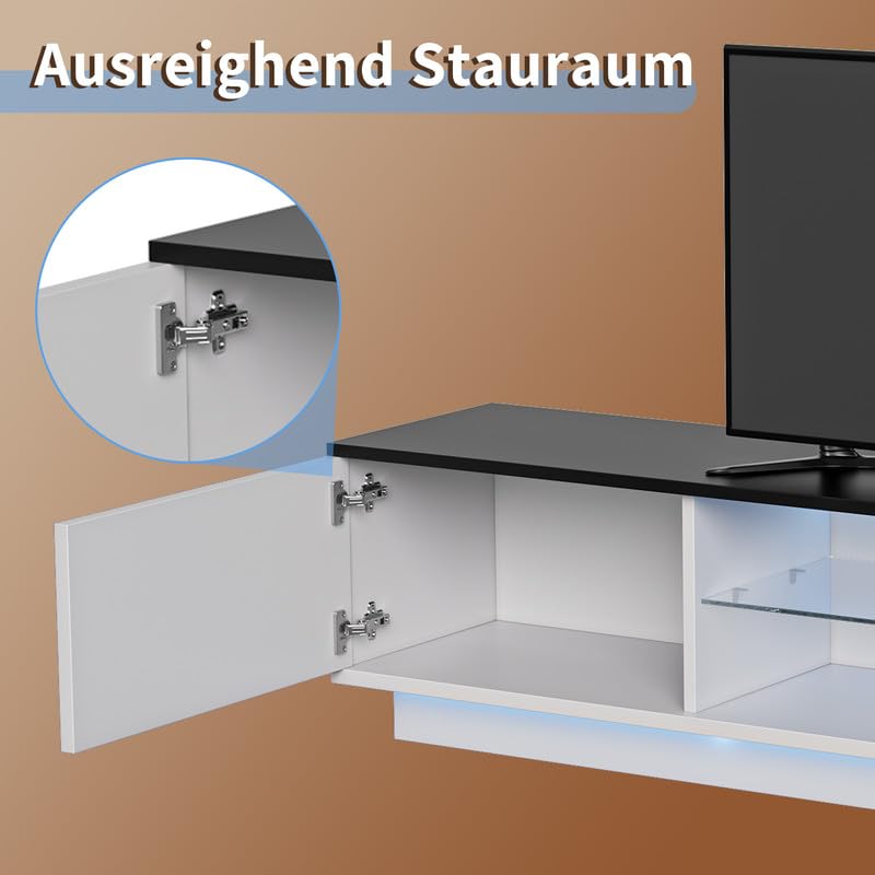 Szafka pod telewizor z oświetleniem LED, drewniany stolik telewizyjny z 2 drzwiami i szklanymi półkami, ławka telewizyjna 160 cm, konsola TV, szafka telewizyjna, szafka pod telewizor 55-65