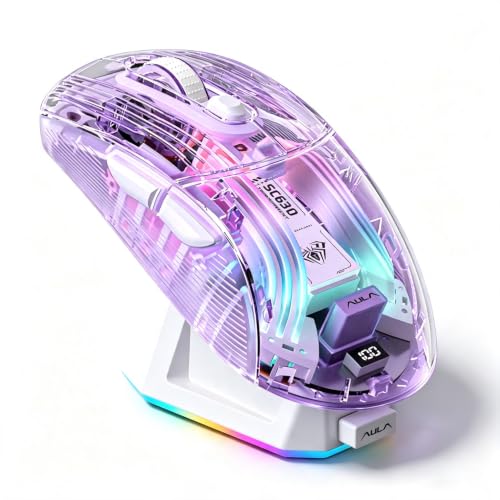 Image of RGB Magnetic Charging Dock Gaming Mouse, 12K DPI, PAW3311 Sensor, Tri-Mode Wireless, 6 Programmable Buttons, Ultra-Light 72g for PC /Mac (Purple- Transparent)