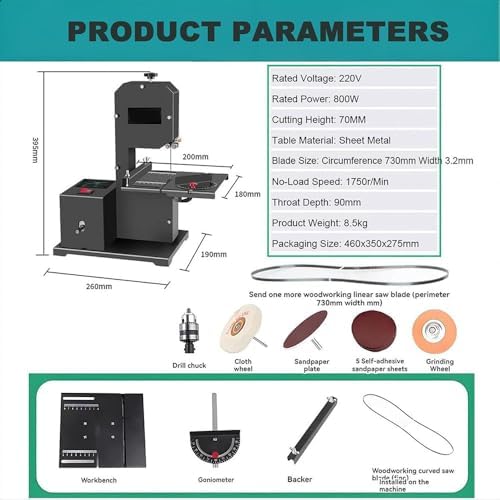 Ultimate 800W DIY Bandsaw: Benchtop Power Tool for Wood & Acrylic, 70mm Cutting Height, Precision Cuts Curves & 45° Angles, 3-in-1 Sanding, Grinding & Polishing Functions