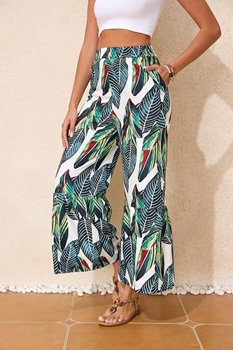Wide Leg Pants for Women Elastic High Waisted Floral Trousers Beach Summer Casual with Pockets Lounge Palazzo Pants3