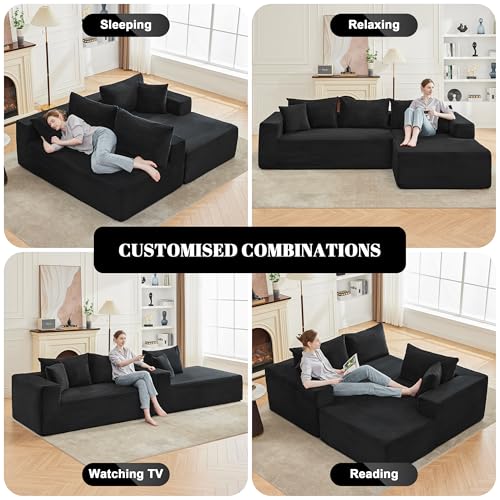 110” Cloud Sectional Couch, Boneless Sofa for Living Room, Modular Sectional Sofa with Deep Seat, Comfy Fluffy Couch with L-Shaped Chaise, No Assembly Required (Right-Facing Chaise, Black)