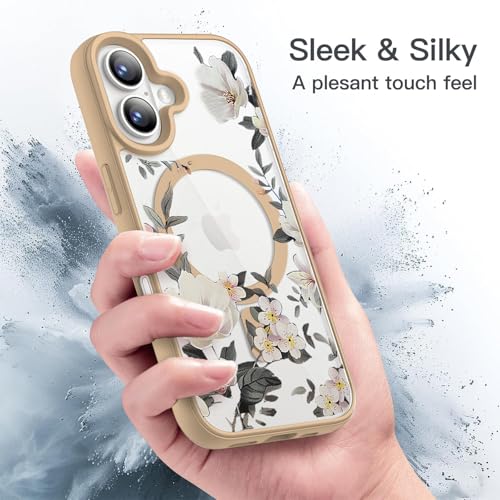 Image of VONZEE Compatible with iPhone 16 Case Luxury Retro Flowers Floral Clear for Magnetic Wireless Charging Case Shockproof Case PC+TPU Cute Glossy Shiny Cover for Girls Women, 6.1'' Desert Titanium
