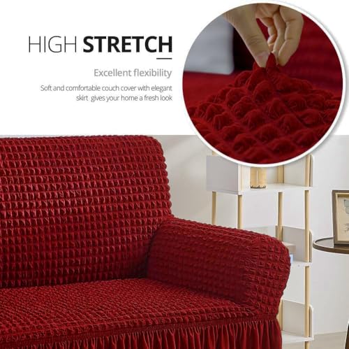 Image of Bails Sofa Cover 5 Seater Fully Covered | Sofa Cover l Shape 7 Seater Fully Covered | Sofa Cover 5 Seater Set | Elastic Bubble Fabric with Frill Sofa Protector Cover (Red, 5 Seater (3+1+1))