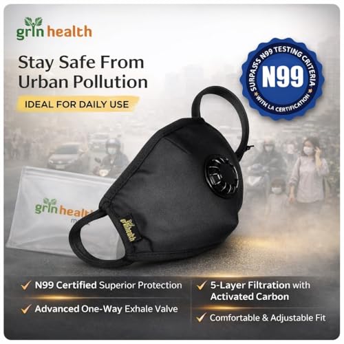 Image of Grin Health N99 Anti Pollution Mask with Acitivated Carbon with Valve Reusable & Washable, Unisex (Standard Size - Fit Most, Black)