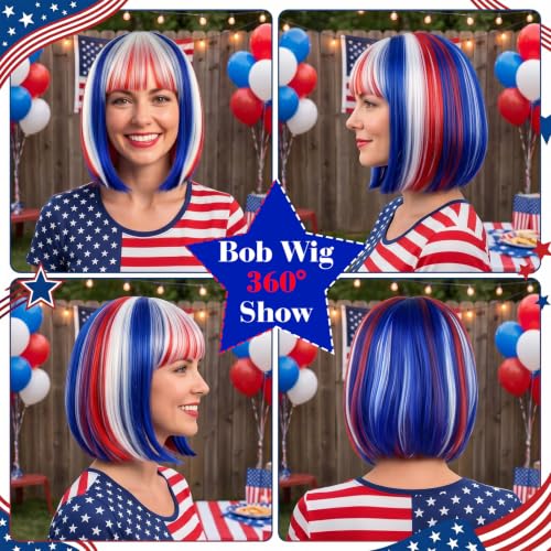 Image of PLULON Red White Blue Bob Wig with Heart Sunglasses for Women, Colored Short Bob Hair Fun Synthetic Hair with Wig Cap 4th of July Costume Hairpieces Independence Day Outfit for Cosplay Halloween Party